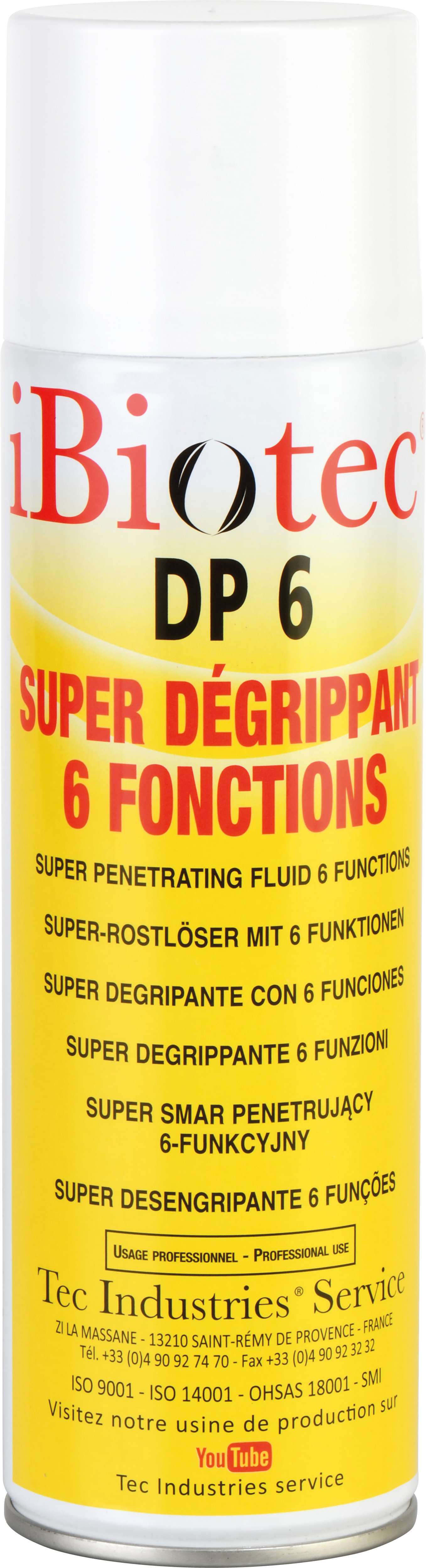 super degrippant puissant a effet desoxydant rapide. fortement penetrant. lubrifiant anticorrosion, anti usure, nettoyant, degoudronnant. degrippant 6 fonctions. propulseur ininflammable. aerosol degrippant - aerosol degrippant 6 fonctions - fluide penetrant degrippant - degrippant super actif aerosol degrippant ibiotec - degrippant desoxydant lubrifiant anticorrosion nettoyant - aerosol desoxydant, degrippant contact electrique. Aerosols techniques. Aerosols maintenance. Fournisseurs aérosols. Fabricants aérosols. Produit maintenance industrielle